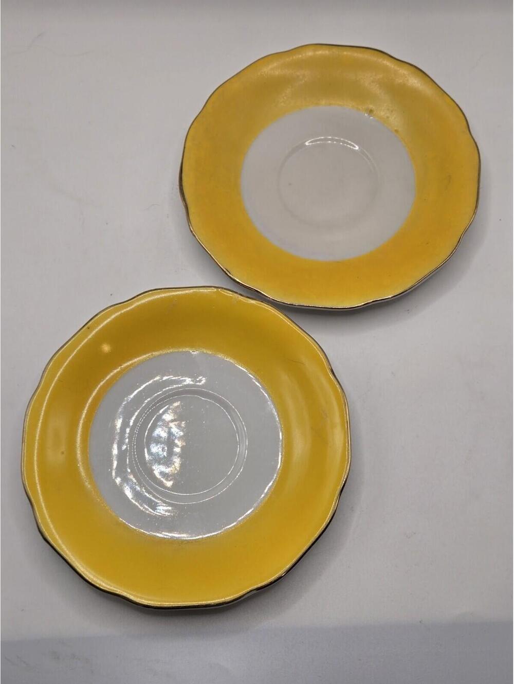 Vintage Goldcastle Japan Yellow & White Scalloped Tea Saucers Set of 2 MCM